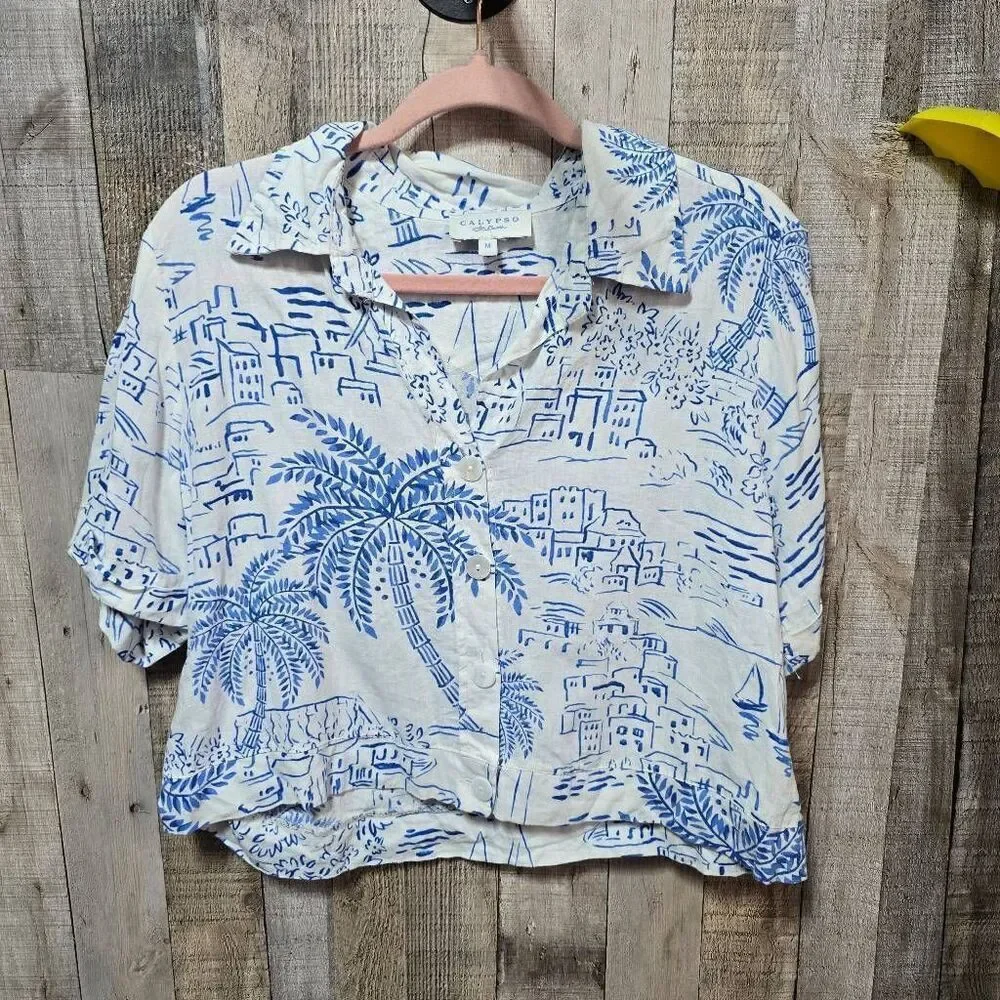 Calypso St Barth White and Blue Linen Blend Scenic Print Cityscape Crop Top